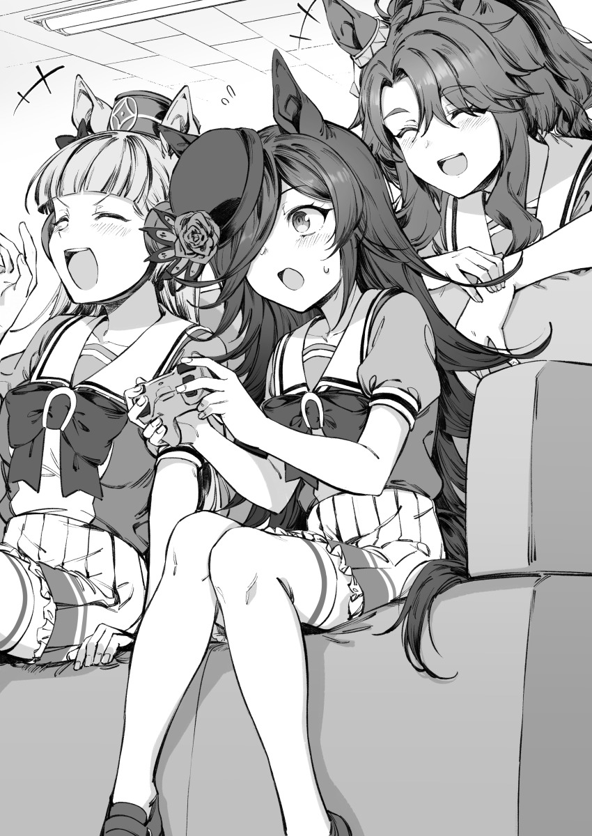 3girls, absurdres, animal_ears, blush, closed_eyes, commentary_request, controller, flower
