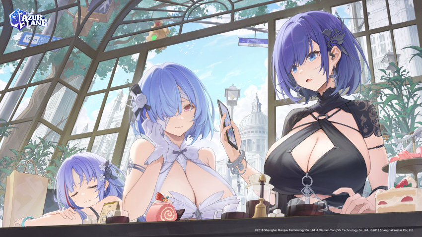 3girls, azur_lane, bare_shoulders, blue_eyes, blue_hair, bracelet, breasts, catsmoon