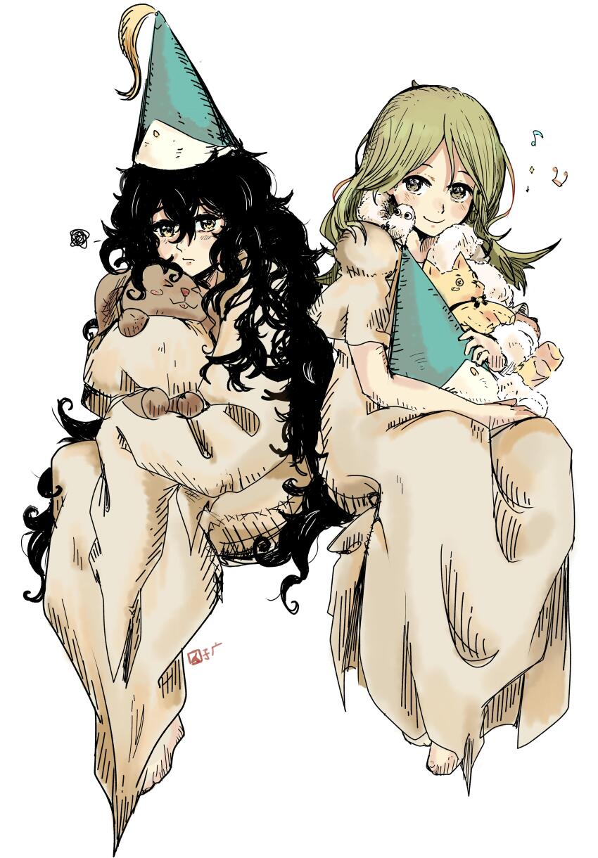 2girls, absurdres, agott_arklaum_(tongari_boushi_no_atelier), alternate_hair_length, alternate_hairstyle, black_hair, blue_headwear, brushbuddy, closed_mouth, coco_(tongari_boushi_no_atelier), commentary, curly_hair, english_commentary, full_body, green_eyes, green_hair, hat, hat_tassel, highres, holding, holding_stuffed_toy, kojika_(kojikaaaaaa), long_hair, long_sleeves, looking_at_viewer, messy_hair, multiple_girls, musical_note, pointy_hat, qifrey's_atelier_apprentice_uniform, robe, sitting, sleeves_past_fingers, sleeves_past_wrists, smile, stuffed_animal, stuffed_cat, stuffed_toy, tongari_boushi_no_atelier, unworn_headwear, very_long_hair, white_background, wizard_hat, yellow_eyes