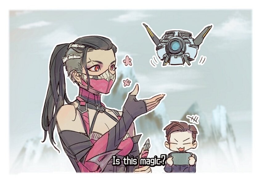 +++, 1boy, 1girl, bare_shoulders, black_gloves, black_hair, bodysuit, breasts, cleavage, closed_eyes, commentary, controller, drone, english_commentary, english_text, fingerless_gloves, gloves, gretia, holding, holding_controller, is_this_a_pigeon_(meme), johnny_cage, long_hair, mask, medium_breasts, meme, mileena_(mortal_kombat), mortal_kombat_(series), mortal_kombat_1_(2023), mouth_mask, ninja, ninja_mask, open_mouth, orange_eyes, outdoors, outline, ponytail, scar, scar_on_face, short_hair, snowing, undercut, upper_body, v-shaped_eyebrows, white_outline