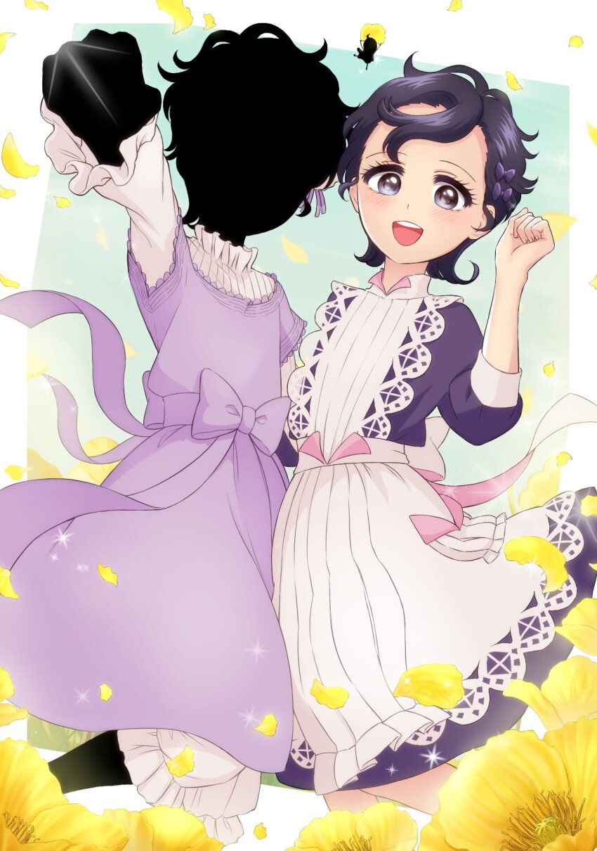2girls, :d, apron, black_eyes, black_hair, black_skin, blue_dress, clenched_hand, colored_skin, commentary_request, dress, flower, gizagiza, hand_up, highres, lace-trimmed_apron, lace_trim, living_doll_uniform, long_sleeves, looking_at_viewer, multiple_girls, open_mouth, outstretched_arm, petals, puffy_sleeves, purple_dress, ram_(shadows_house), shadow_(shadows_house), shadows_house, shirley_(shadows_house), shirt, short_hair, smile, standing, three-quarter_sleeves, white_apron, white_shirt, yellow_flower, yellow_petals