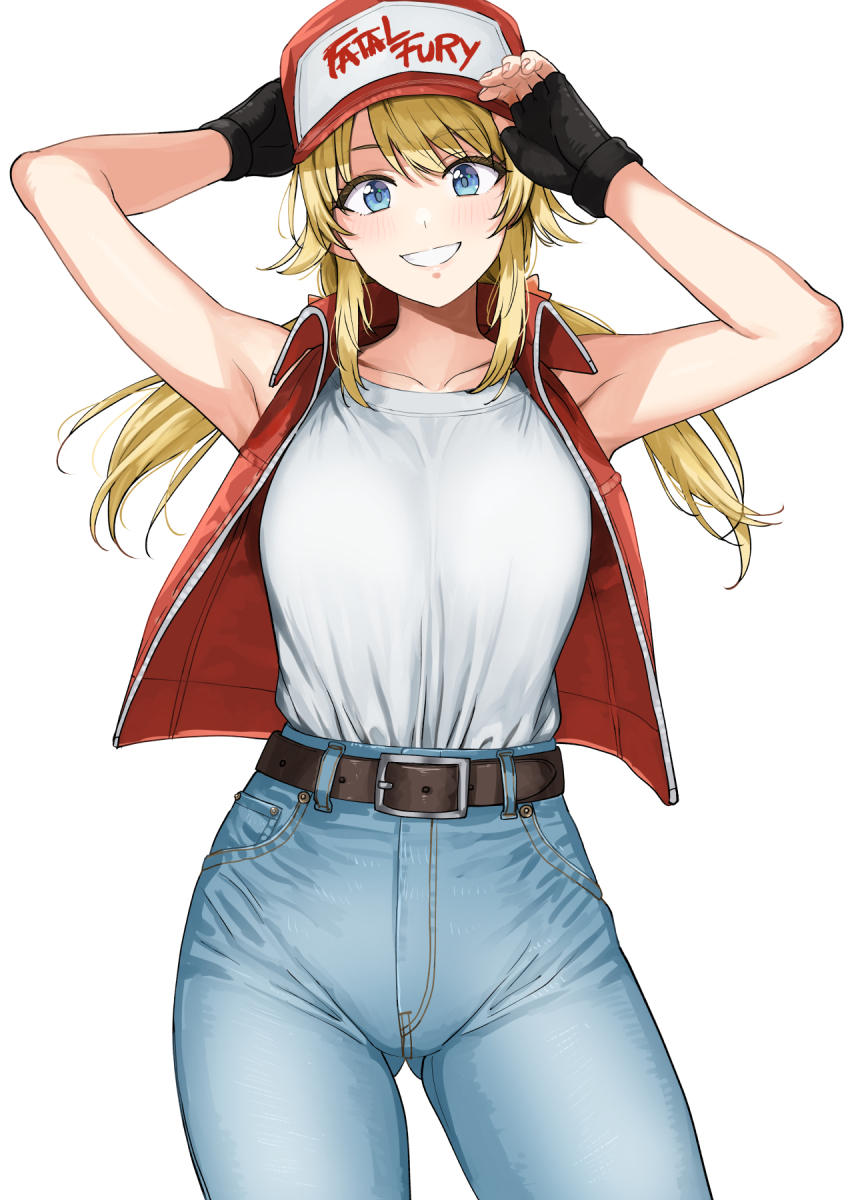 1girl, adjusting_clothes, adjusting_headwear, alternate_costume, armpits, arms_up, baseball_cap, belt_buckle