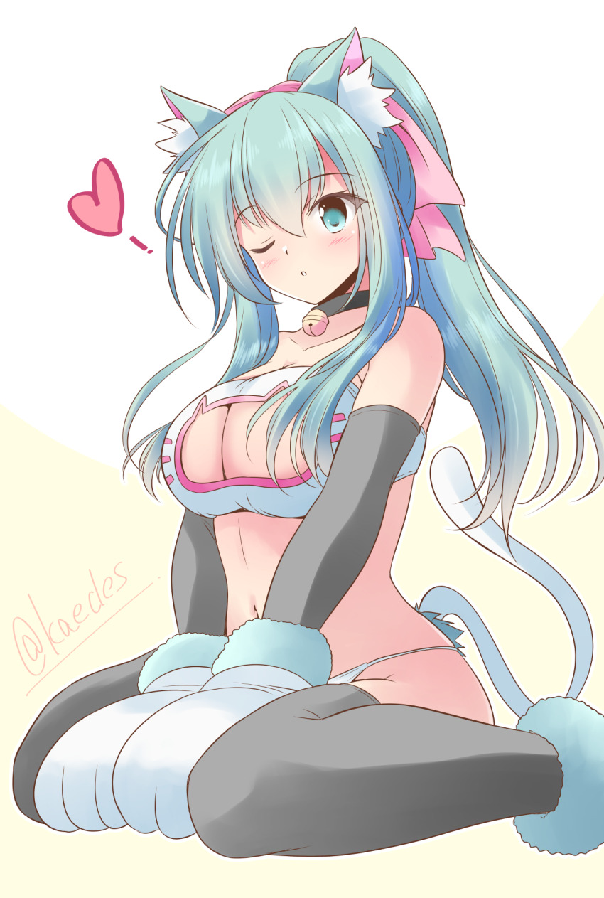 1girl, alternate_costume, animal_ears, animal_hands, aqua_eyes, aqua_hair, arm_warmers, black_thighhighs