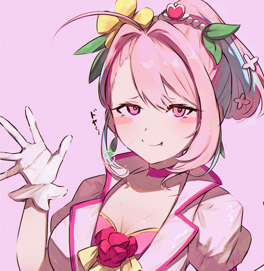 1girl, blush_stickers, breasts, choker, cleavage, closed_mouth, cosplay, cure_grace, cure_grace_(cosplay), doyagao, fang, fang_out, flower, gloves, hair_between_eyes, hair_flower, hair_ornament, hamachamu, hand_up, healin'_good_precure, high_ponytail, highres, idolmaster, idolmaster_cinderella_girls, jacket, large_breasts, looking_at_viewer, multicolored_hair, pink_choker, pink_eyes, pink_hair, pink_jacket, ponytail, precure, puffy_short_sleeves, puffy_sleeves, red_flower, short_sleeves, simple_background, smug, solo, two-tone_hair, upper_body, white_gloves, yellow_flower, yumemi_riamu