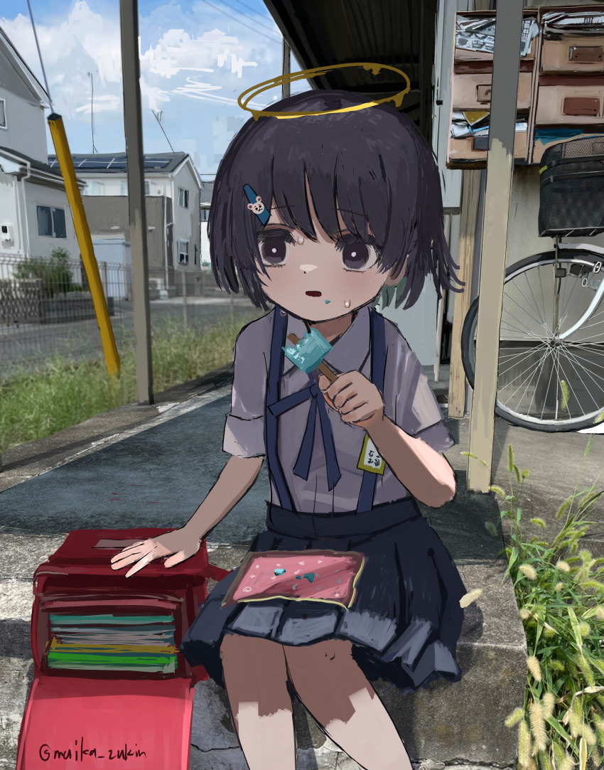 1girl, absurdres, black_eyes, black_hair, food, hair_ornament, hairpin, halo