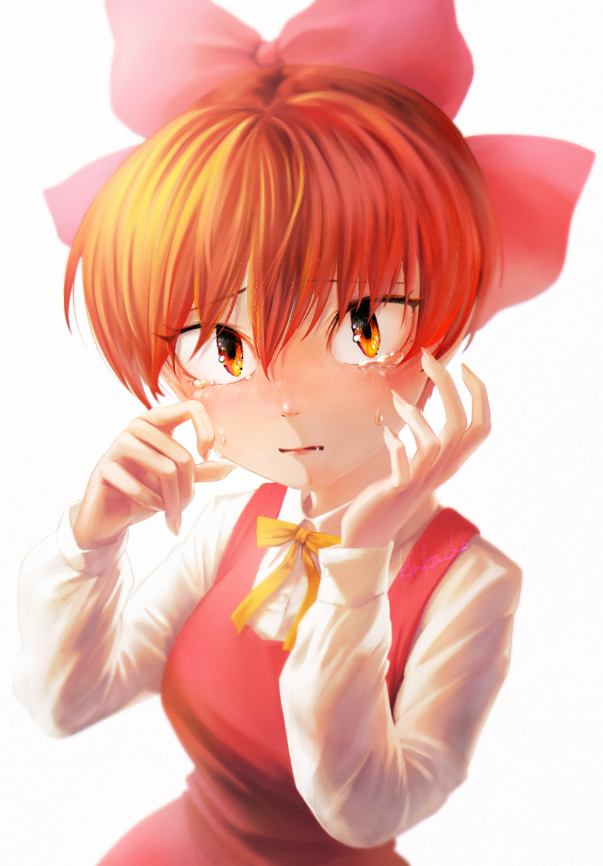 1girl, bow, commentary_request, crying, gegege_no_kitarou, hair_bow, highres, kujukusima, long_sleeves, looking_at_viewer, nekomusume, nekomusume_(gegege_no_kitarou_5), red_eyes, red_hair, short_hair, simple_background, solo, white_background