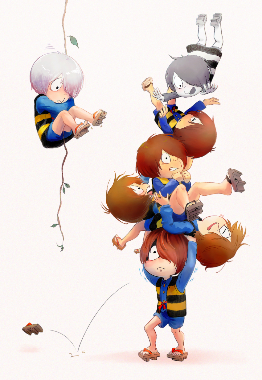 ._., 6+boys, brown_hair, carrying, clenched_hands, clenched_teeth, clone, commentary_request, gegege_no_kitarou, greyscale, hair_over_one_eye, highres, kitarou, kujukusima, male_focus, monochrome, multiple_boys, sandals, short_hair, simple_background, smile, struggling, teeth