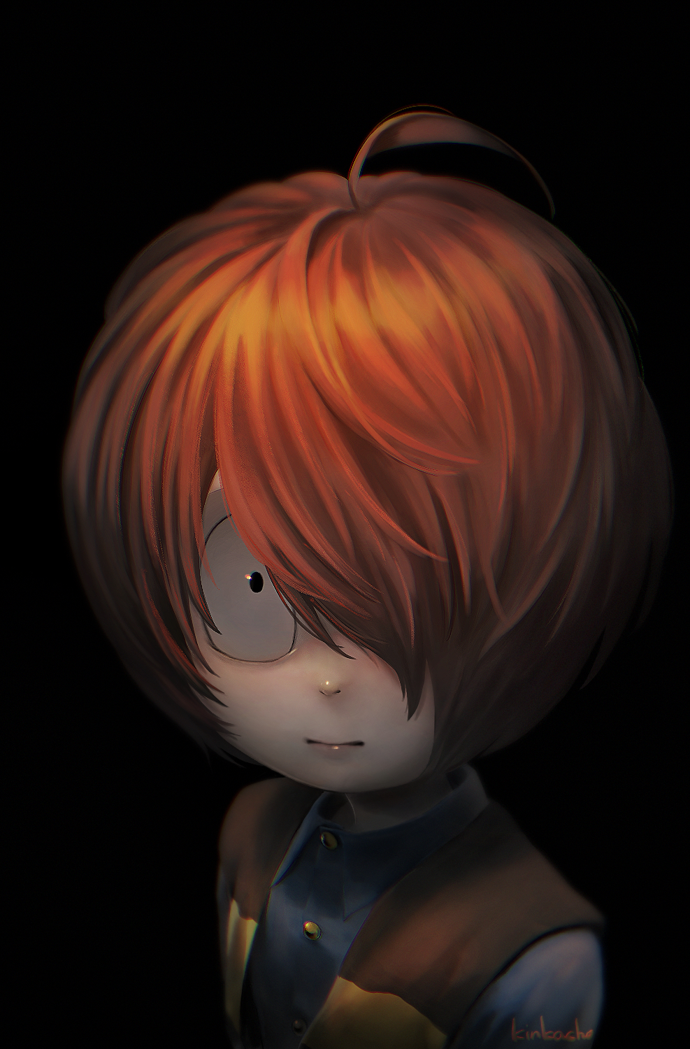 ._., 1boy, black_background, black_eyes, brown_hair, commentary_request, gegege_no_kitarou, hair_over_one_eye