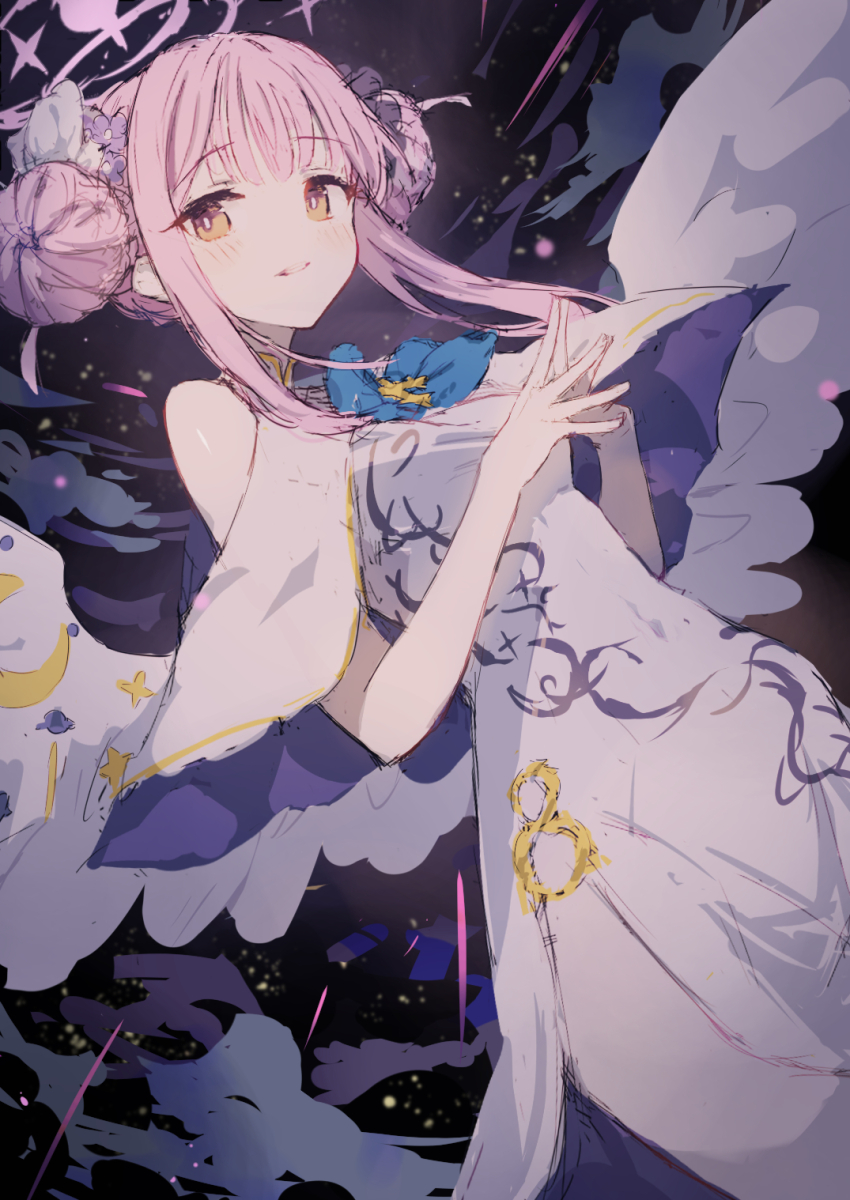 1girl, bare_shoulders, blue_archive, blue_ribbon, blush, breasts, bright_pupils, brown_eyes