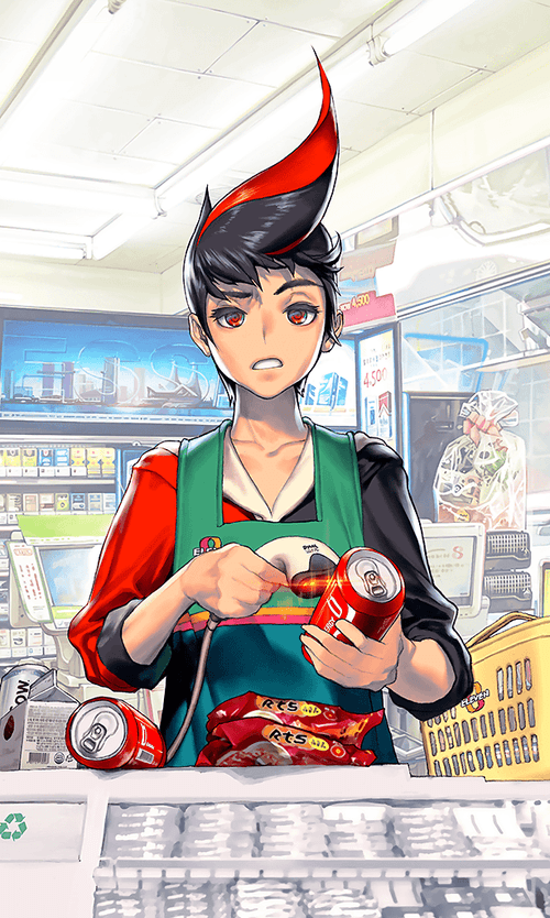 1boy, barcode_scanner, can, convenience_store, destiny_child, drink_can, game_cg, holding