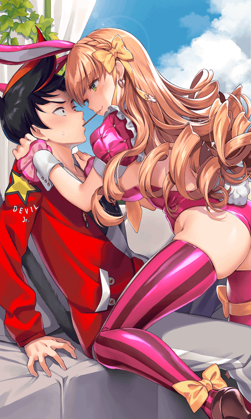 1boy, 1girl, animal_ears, blush, curly_hair, destiny_child, game_cg, high_heels, hood, hoodie, master_(destiny_child), non-web_source, official_art, rabbit_ears, rabbit_tail, tail, thighhighs, tiwaz_(destiny_child), wrist_cuffs