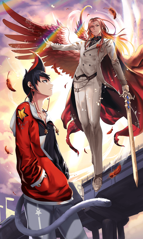 2boys, backlighting, destiny_child, earbuds, earphones, game_cg, holding, holding_sword