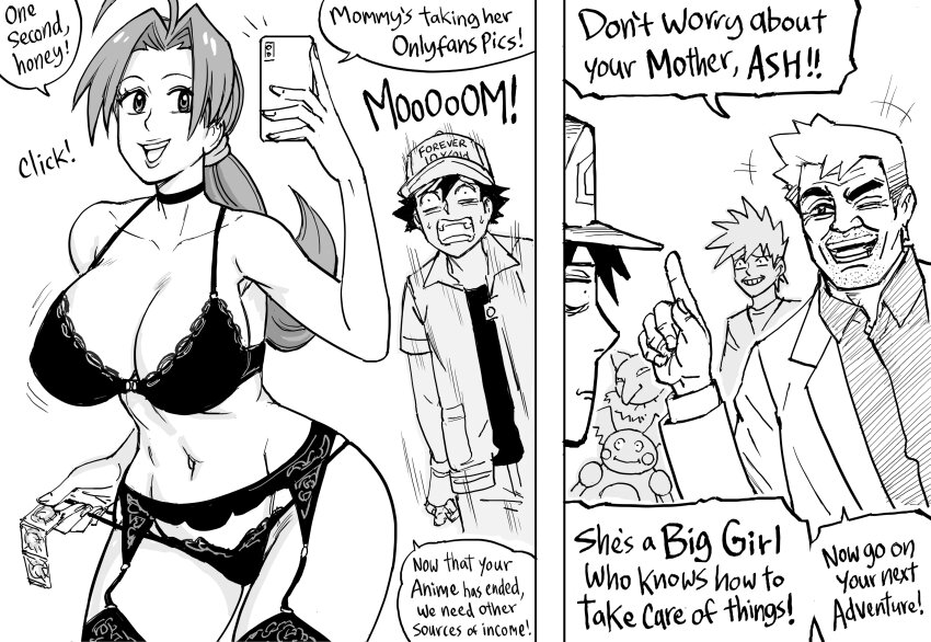 1girl, 5boys, absurdres, ahoge, ash_ketchum, bb_(baalbuddy), bra, breasts, cellphone, choker, cleavage, commentary, condom, condom_packet_strip, condom_wrapper, curvy, delia_ketchum, english_commentary, english_text, evil_grin, evil_smile, facial_hair, garter_belt, garter_straps, gary_oak, gen_1_pokemon, grin, hair_intakes, hair_ornament, hair_scrunchie, highres, holding, holding_condom, holding_phone, huge_ahoge, hypno, implied_prostitution, lace, lace-trimmed_bra, lace-trimmed_panties, lace_trim, large_breasts, lingerie, long_hair, low_ponytail, mature_female, monochrome, mother_and_child, mother_and_son, mr._mime, multiple_boys, multiple_others, narrow_waist, navel, nervous_sweating, nintendo, one_eye_closed, onlyfans, panties, panty_pull, parent_and_child, phone, pokemon, pokemon_(anime), pokemon_(classic_anime), ponytail, pornography_production, professor_oak, scrunchie, selfie, smartphone, smile, solo_focus, speech_bubble, strap_pull, stubble, sweat, thick_eyebrows, thighhighs, thong, underwear, underwear_only, walk-in, wide_hips