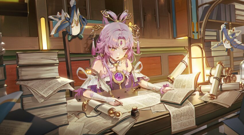 1girl, absurdres, bare_shoulders, bird, bow-shaped_hair, bridal_gauntlets, constellation, constellation_print, crane_(animal), cycrane_(honkai:_star_rail), detached_sleeves, dress, forehead_jewel, fu_xuan_(honkai:_star_rail), hair_ornament, hair_rings, hair_stick, highres, honkai:_star_rail, honkai_(series), jewelry, long_hair, low_twintails, non-humanoid_robot, paperwork, parted_bangs, pink_hair, robot, robot_animal, solo, tassel, tassel_hair_ornament, twintails, writing, ye_jji, yellow_eyes