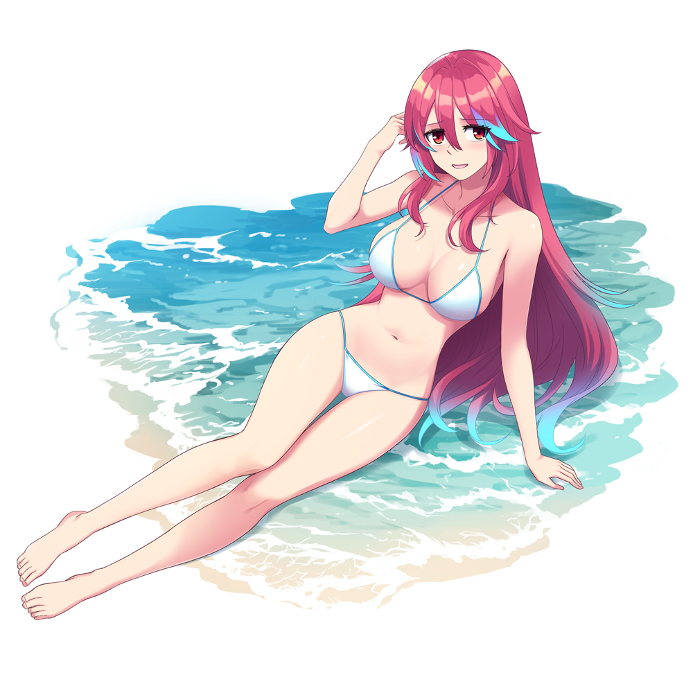 1girl, barefoot, beach, bikini, blue_hair, breasts, cleavage, full_body