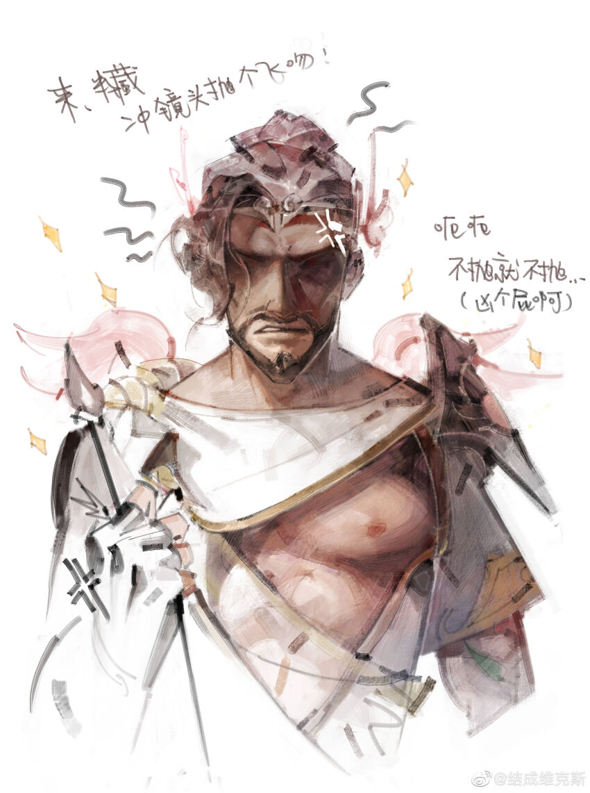 1boy, absurdres, ancient_greek_clothes, angel_wings, annoyed, bara, beard, brown_hair