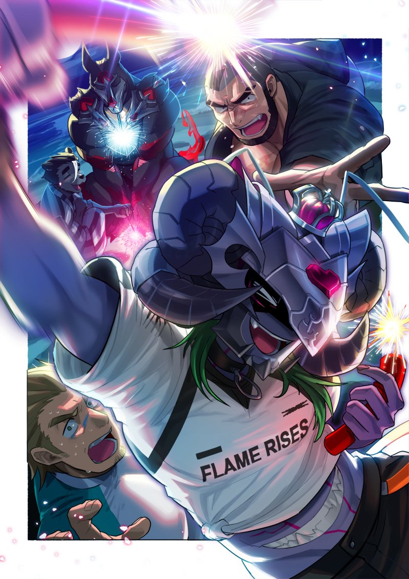 5boys, absol_(dkqthf), another_eidos-r, bara, beard, black_hair, black_pants, brown_hair