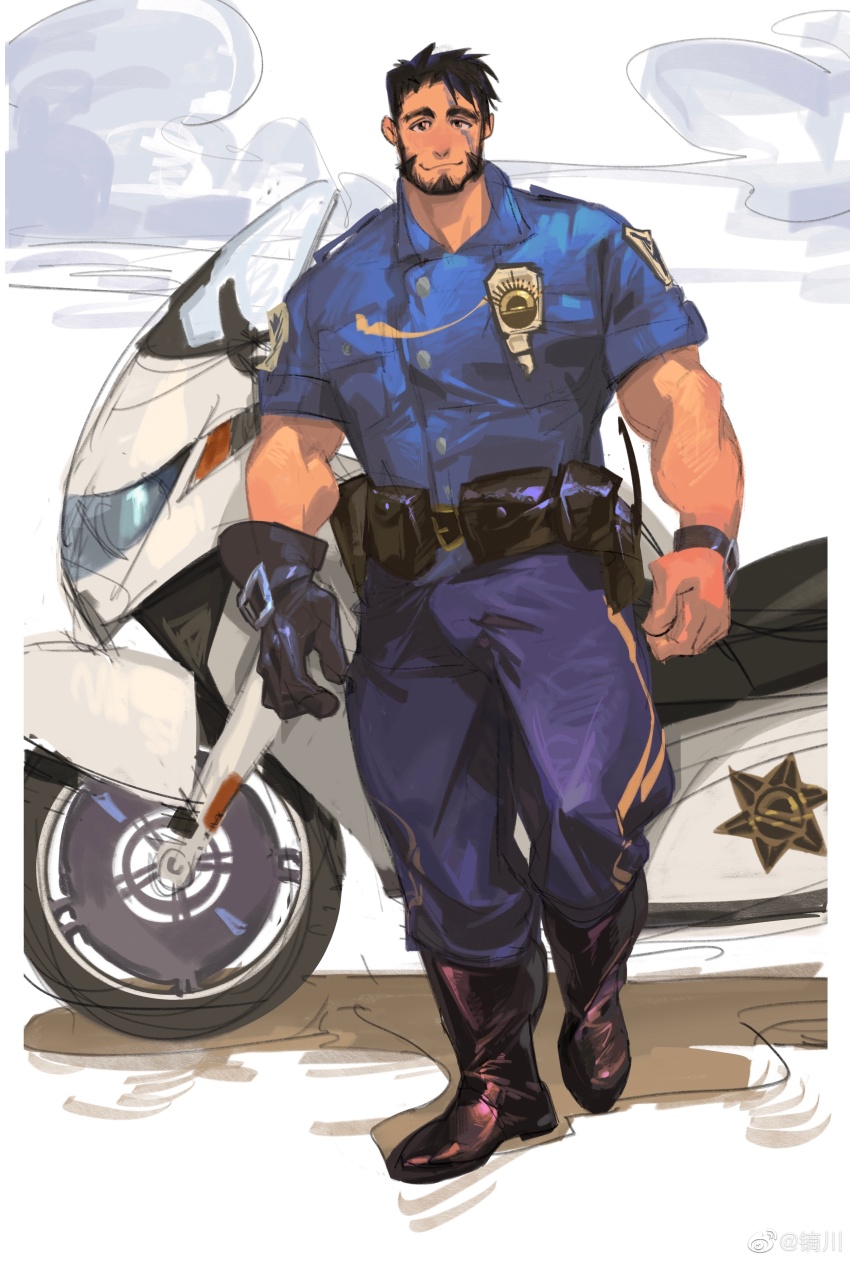 1boy, absurdres, bara, beard, boots, dichuan_(arriverw), facial_hair, full_body