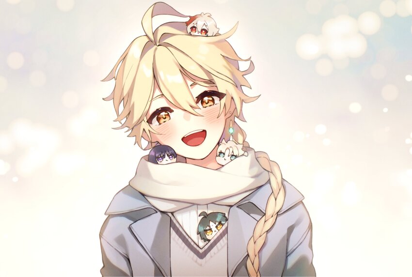 5boys, absurdres, aether_(genshin_impact), ahoge, albedo_(genshin_impact), alternate_costume, antenna_hair, aqua_hair, black_hair, blonde_hair, blue_eyes, blunt_ends, blush, blush_stickers, braid, chibi, ciaociaovita, closed_mouth, coat, collared_coat, earrings, facial_mark, forehead_mark, genshin_impact, grey_coat, grey_hair, grey_vest, hair_between_eyes, highres, jewelry, kaedehara_kazuha, long_hair, long_sleeves, looking_at_viewer, male_focus, multicolored_hair, multiple_boys, missing_headwear, open_clothes, open_coat, open_mouth, orange_eyes, purple_eyes, purple_hair, red_eyes, red_hair, scaramouche_(genshin_impact), scarf, shirt, short_hair, simple_background, single_earring, smile, teeth, tongue, two-tone_hair, v-shaped_eyebrows, vest, white_scarf, white_shirt, xiao_(genshin_impact), yellow_background, yellow_eyes