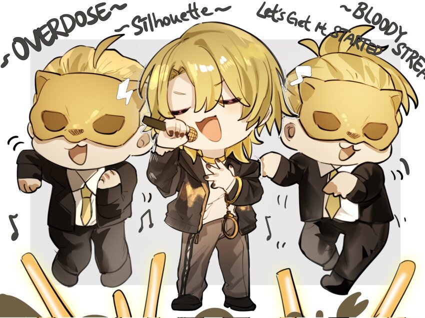 3boys, :3, :d, ahoge, beamed_eighth_notes, black_footwear, black_jacket, black_nails