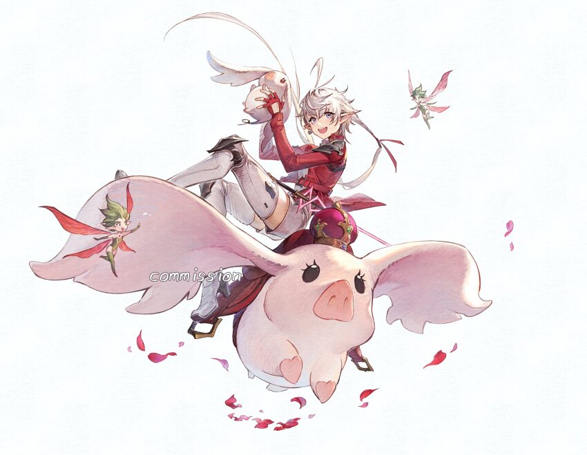 1girl, 2others, :d, alisaie_leveilleur, androgynous, antenna_hair, blue_eyes, boots