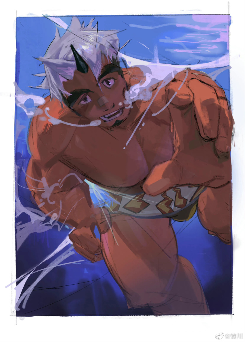 1boy, absurdres, air_bubble, akiha_gongen_(housamo), bandaid, bandaid_on_face, bandaid_on_nose, bara