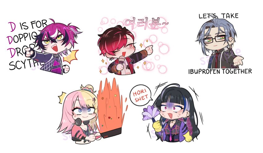 2girls, 3boys, ahoge, black-framed_eyewear, black_gloves, black_hair, blonde_hair, blue_eyes