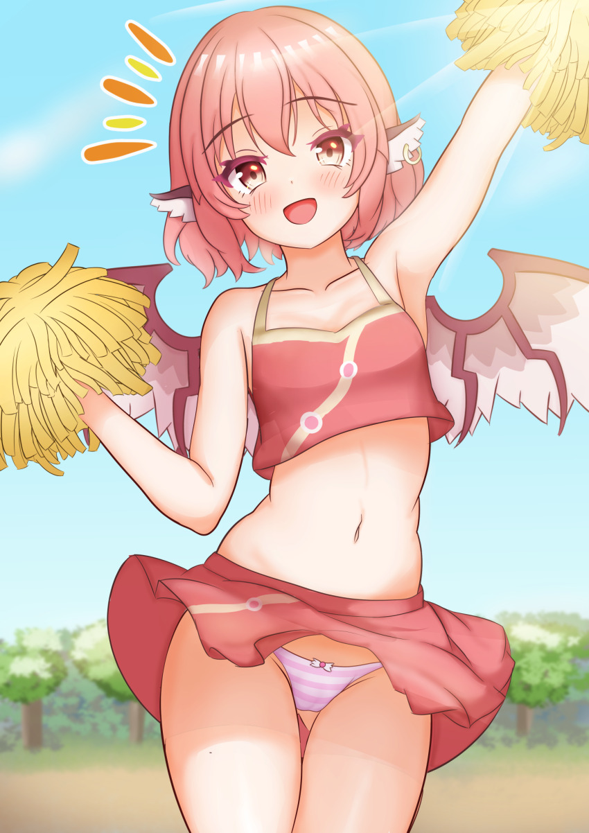 1girl, animal_ears, arm_up, bird_ears, bird_wings, blush, brown_eyes, brown_skirt