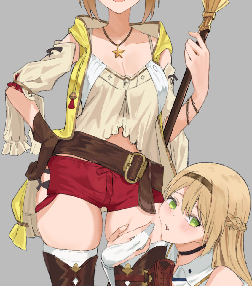 2girls, atelier_(series), atelier_ryza, atelier_ryza_1, belt, blonde_hair, boots, bracelet, braid, brown_belt, brown_footwear, brown_gloves, brown_hair, cheek_press, commentary, detached_sleeves, elbow_gloves, english_commentary, gloves, green_eyes, grey_background, hair_between_eyes, hairband, half_up_braid, hand_on_own_hip, head_out_of_frame, highres, holding, holding_staff, hood, hood_down, hooded_jacket, jacket, jewelry, klaudia_valentz, leather, leather_belt, leather_gloves, long_hair, looking_at_viewer, midriff_peek, multiple_girls, necklace, open_clothes, open_jacket, partially_fingerless_gloves, pouch, red_shorts, reisalin_stout, shirt, short_hair, short_shorts, shorts, single_glove, sleeveless, sleeveless_jacket, sleeveless_shirt, staff, star_(symbol), star_necklace, thigh_boots, thigh_pouch, thighhighs, thighhighs_under_boots, thighs, ulette, white_gloves, white_shirt, white_sleeves, white_thighhighs, yellow_jacket, yuri