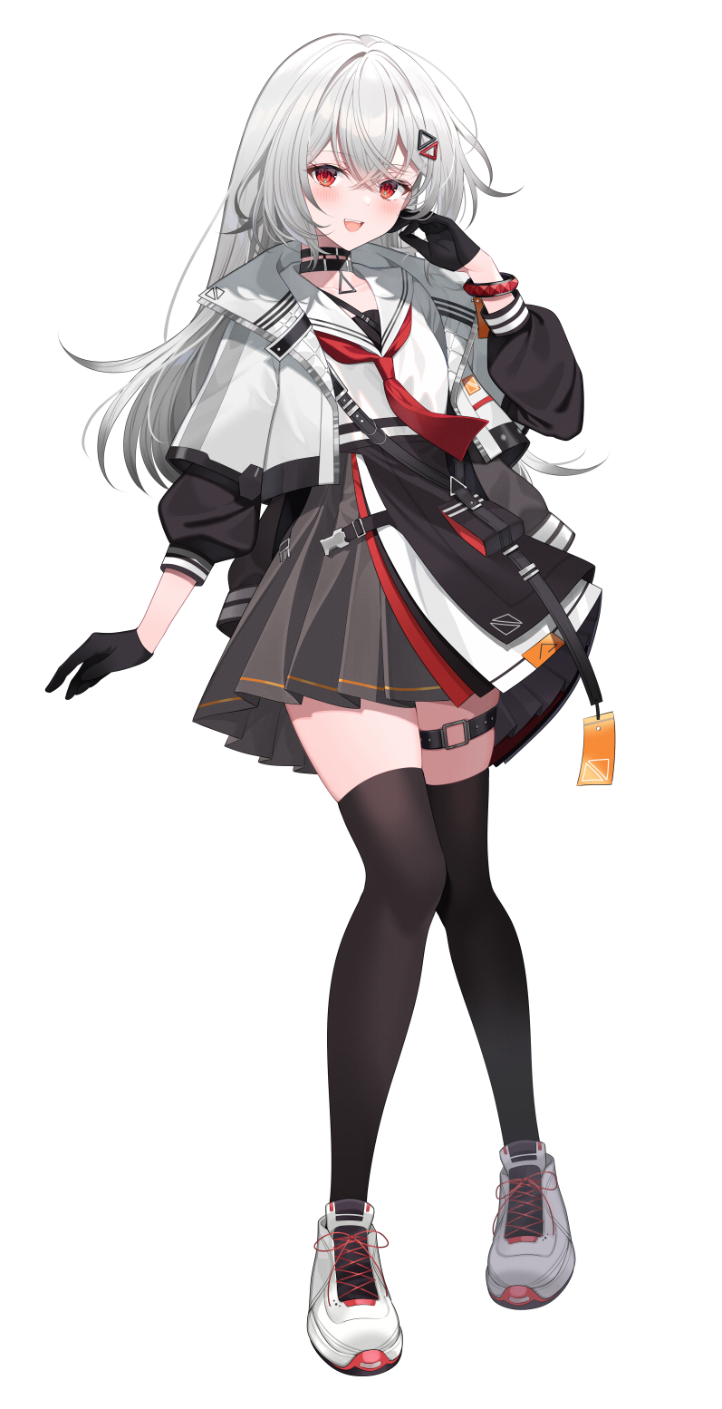 1girl, black_gloves, black_skirt, black_thighhighs, commentary_request, commission, gloves, grey_hair