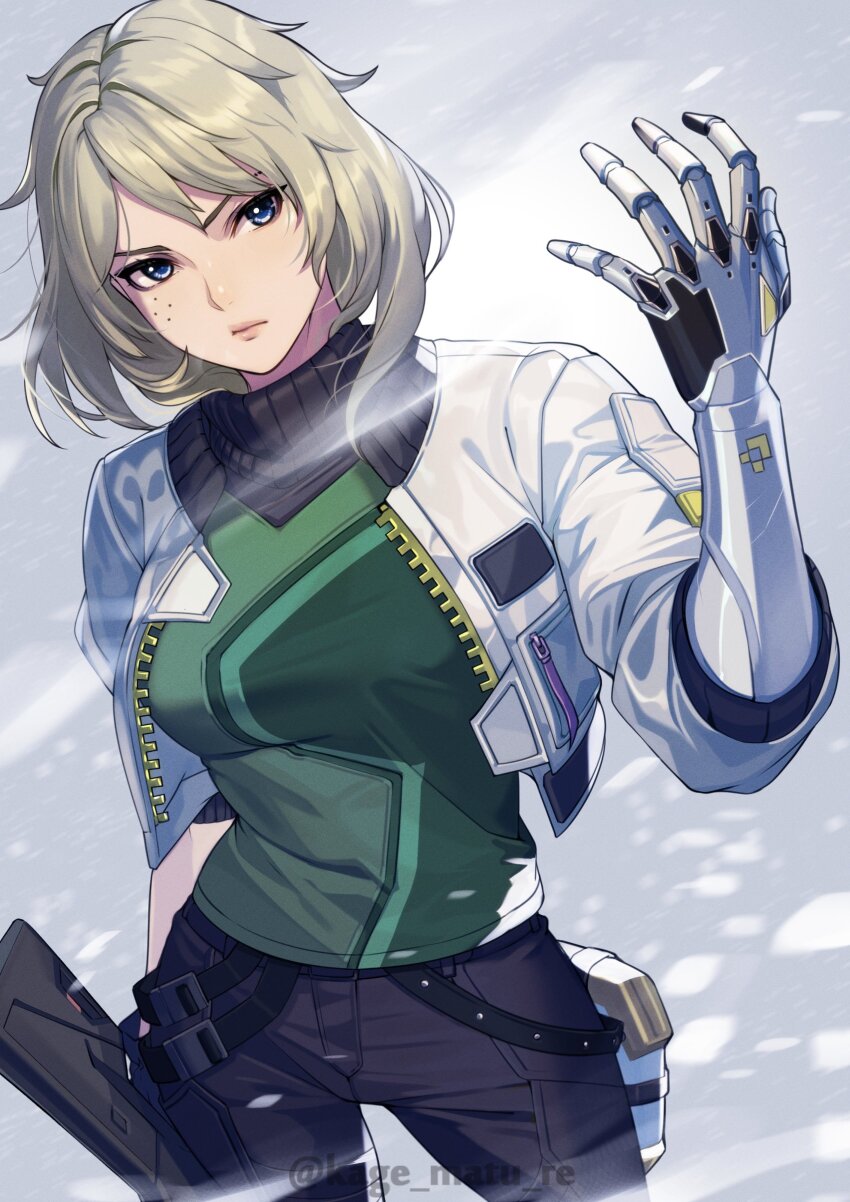 absurdres, animification, arm_up, black_pants, blonde_hair, blue_eyes, commentary, cropped_legs, deadlock_(valorant), green_shirt, gun, head_tilt, high_collar, highres, holding, holding_gun, holding_weapon, jacket, kagematsuri, looking_at_viewer, medium_hair, open_clothes, open_jacket, pants, prosthesis, prosthetic_arm, shirt, standing, untranslatable_commentary, twitter_username, valorant, weapon, white_jacket