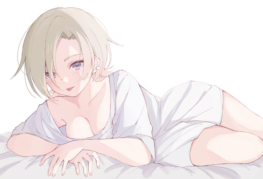 1girl, :p, blonde_hair, blush, breasts, cleavage, collarbone, ear_piercing, grey_eyes, highres, loose_clothes, love_live!, love_live!_nijigasaki_high_school_idol_club, lying, medium_breasts, mia_taylor, notyu_maru, piercing, shirt, short_hair, short_sleeves, solo, tongue, tongue_out, white_background, white_shirt