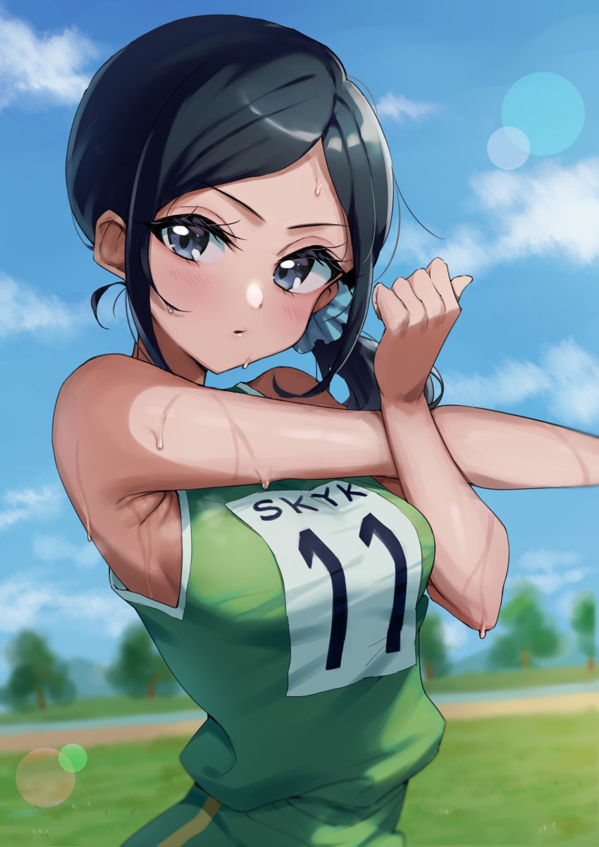 1girl, absurdres, black_hair, blue_eyes, blue_scrunchie, blue_sky, blurry, blurry_background