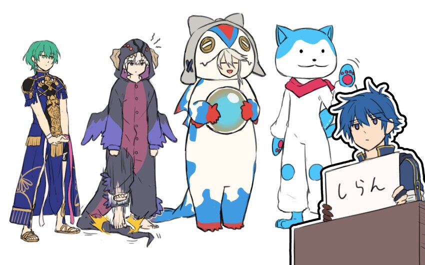 5boys, alear_(fire_emblem), annoyed, blue_eyes, blue_hair, closed_eyes, commentary_request, male_corrin_(fire_emblem), cosplay, dess, fire_emblem, fire_emblem:_new_mystery_of_the_emblem, fire_emblem:_three_houses, fire_emblem_awakening, fire_emblem_engage, fire_emblem_fates, fire_emblem_heroes, green_eyes, grey_hair, grima_(fire_emblem), grima_(fire_emblem)_(cosplay), hand_up, highres, holding, lilith_(fire_emblem), lilith_(fire_emblem)_(cosplay), long_sleeves, male_byleth_(fire_emblem), male_focus, male_kris_(fire_emblem), male_robin_(fire_emblem), multiple_boys, nintendo, open_mouth, sandals, short_sleeves, simple_background, smile, sommie_(fire_emblem)_(cosplay), sothis_(fire_emblem), sothis_(fire_emblem)_(cosplay), tail, toeless_footwear, translation_request, upper_body, white_background, white_hair, zuzu_(ywpd8853)