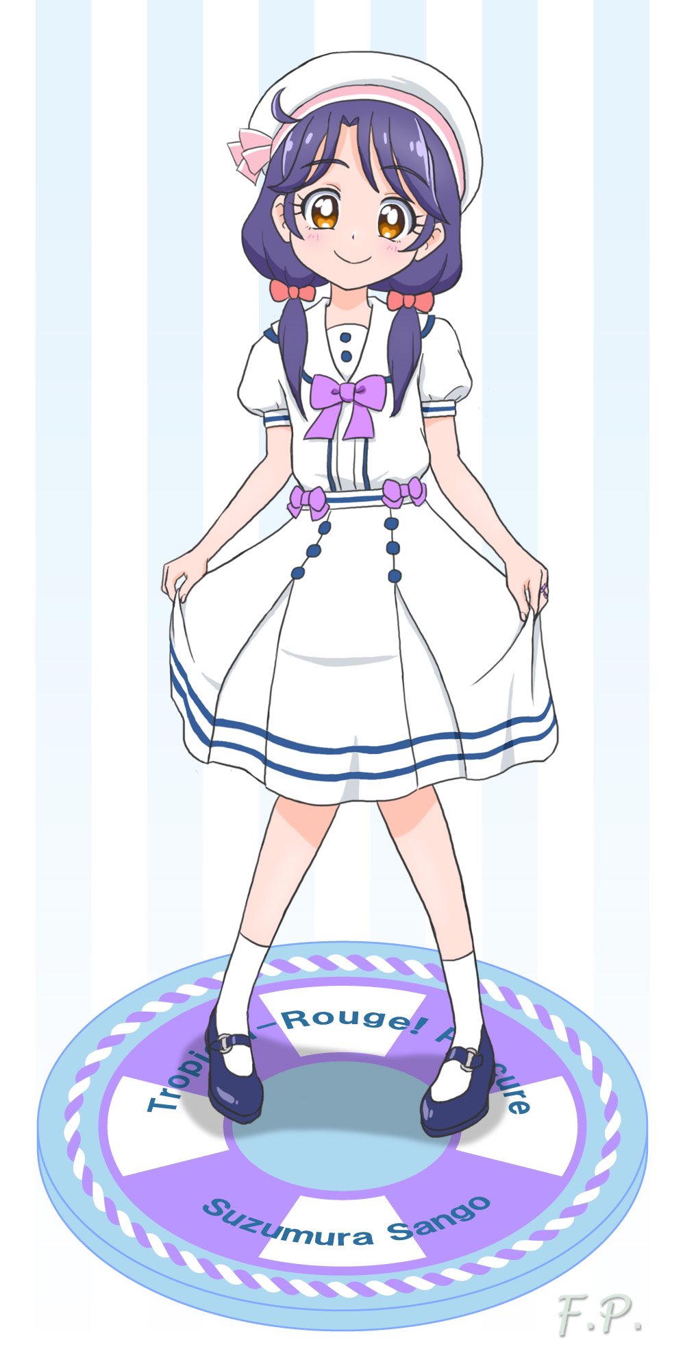 1girl, artist_name, bow, bowtie, casual, character_name, commentary, copyright_name, dress, fuefukipiper, full_body, hair_bow, hair_over_shoulder, highres, holding_own_dress, long_hair, looking_at_viewer, low_twintails, mary_janes, medium_dress, open_mouth, orange_eyes, parted_bangs, precure, puffy_short_sleeves, puffy_sleeves, purple_bow, purple_bowtie, purple_hair, purple_shoes, red_bow, sailor_collar, sailor_dress, shoes, short_sleeves, signature, smile, socks, solo, standing, suzumura_sango, tropical-rouge!_precure, twintails, white_background, white_dress, white_sailor_collar, white_socks