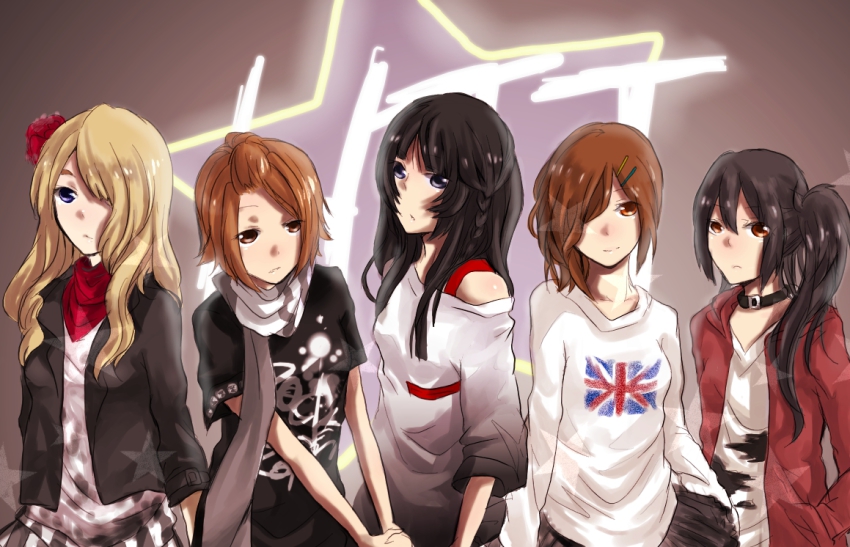 5girls, akiyama_mio, aoi_chiruko, bad_id, bad_pixiv_id, black_hair, blonde_hair, blue_eyes, braid, brown_eyes, brown_hair, casual, choker, clothes_writing, flower, hair_flower, hair_ornament, hair_over_one_eye, hairclip, hand_in_pocket, hirasawa_yui, ho-kago_tea_time, k-on!, kotobuki_tsumugi, kotori199990, long_hair, multiple_girls, nakano_azusa, neckerchief, off_shoulder, print_shirt, scarf, shirt, side_ponytail, smile, star_(symbol), sweater, tainaka_ritsu, union_jack