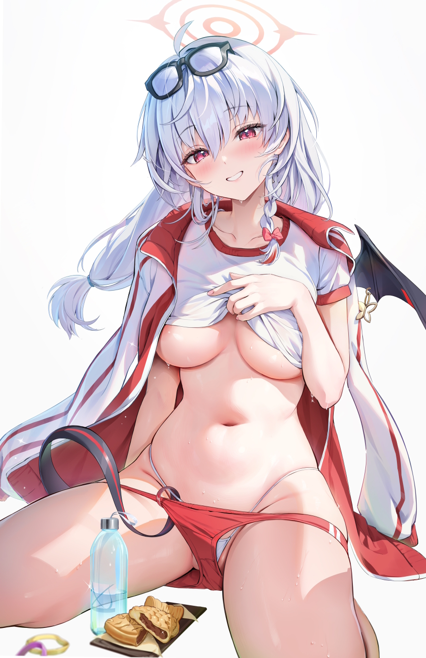 1girl, absurdres, areola_slip, black_wings, blue_archive, blush, bottle, braid