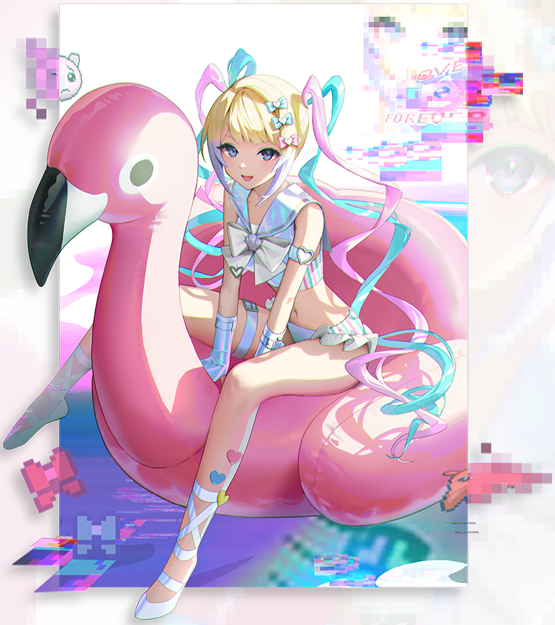 1girl, alternate_costume, bamcream, between_legs, bikini, blonde_hair, blue_bow, blue_eyes