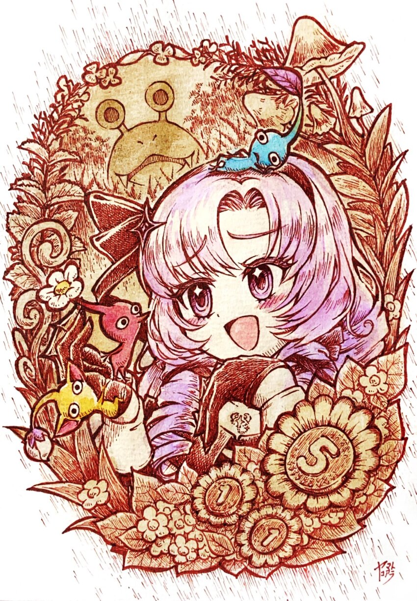 1girl, black_eyes, black_gloves, black_hairband, black_ribbon, black_vest, blue_pikmin, blue_skin, blush_stickers, border, bud, bulborb, clinging, collarbone, colored_skin, commentary_request, creature, crossover, curly_hair, eyelashes, fangs, flower, gloves, hair_ribbon, hairband, hand_on_own_chin, hand_on_own_head, hand_on_own_hip, highres, holding, holding_creature, hyakumantenbara_salome, leaf, leaning_forward, long_hair, long_sleeves, looking_at_another, looking_at_viewer, lying, mushroom, nijisanji, nintendo, no_mouth, nostrils, on_side, open_mouth, outstretched_hand, parted_bangs, pellet_posey, pikmin_(creature), pikmin_(series), plant, pointy_ears, pointy_nose, purple_eyes, purple_hair, red_pikmin, red_skin, ribbon, sepia_background, shirt, signature, sitting, sitting_on_head, sitting_on_person, smile, sparkling_eyes, tree, triangle_mouth, upper_body, vest, virtual_youtuber, white_border, white_flower, white_shirt, yamato_koara, yellow_pikmin, yellow_skin