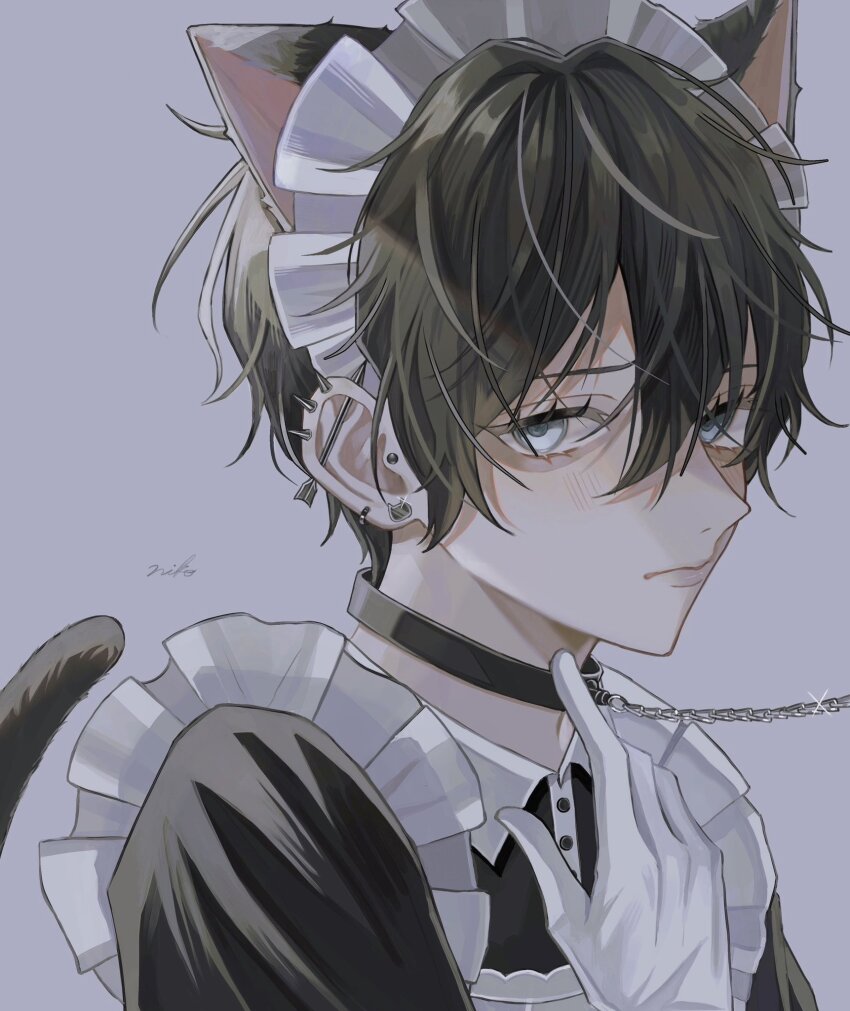 1boy, animal_ears, belt_collar, black_hair, blue_eyes, blush, cat_boy, cat_ears