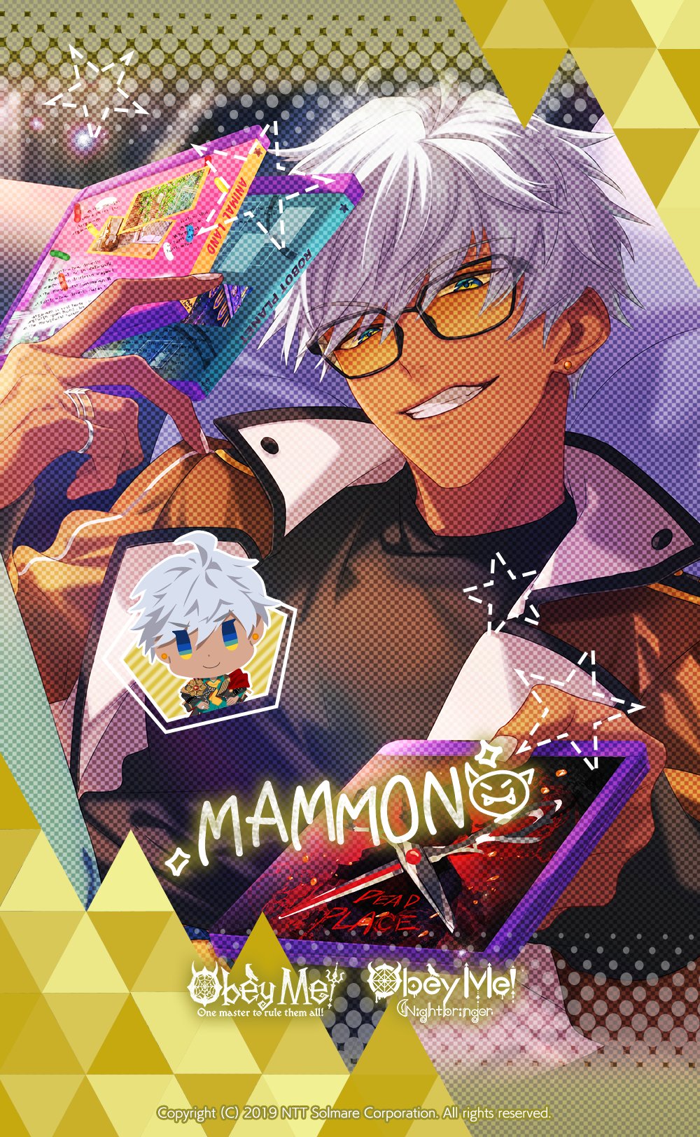 1boy, 2019, blue_eyes, character_name, chibi, commentary, company_name, copyright_name