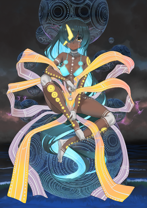 1girl, barefoot, black_hair, blue_hair, body_markings, breasts, dark-skinned_female, dark_skin