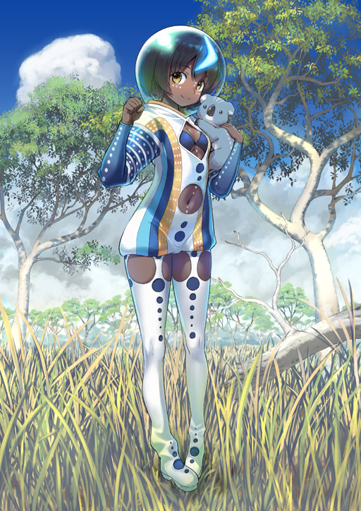 1girl, black_hair, blue_sky, boots, breasts, cleavage, cleavage_cutout, clothing_cutout