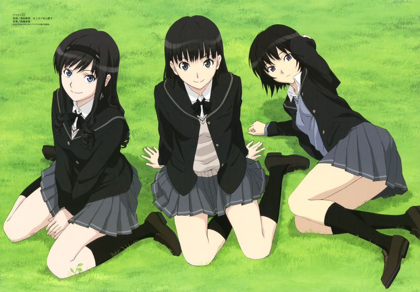 3girls, absurdres, amagami, ayatsuji_tsukasa, black_eyes, black_hair, blue_eyes, grass