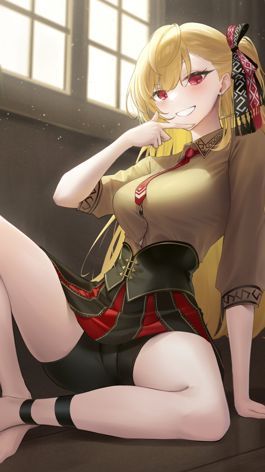 1girl, absurdres, bike_shorts, blonde_hair, bra, bra_peek, breasts, brown_shirt