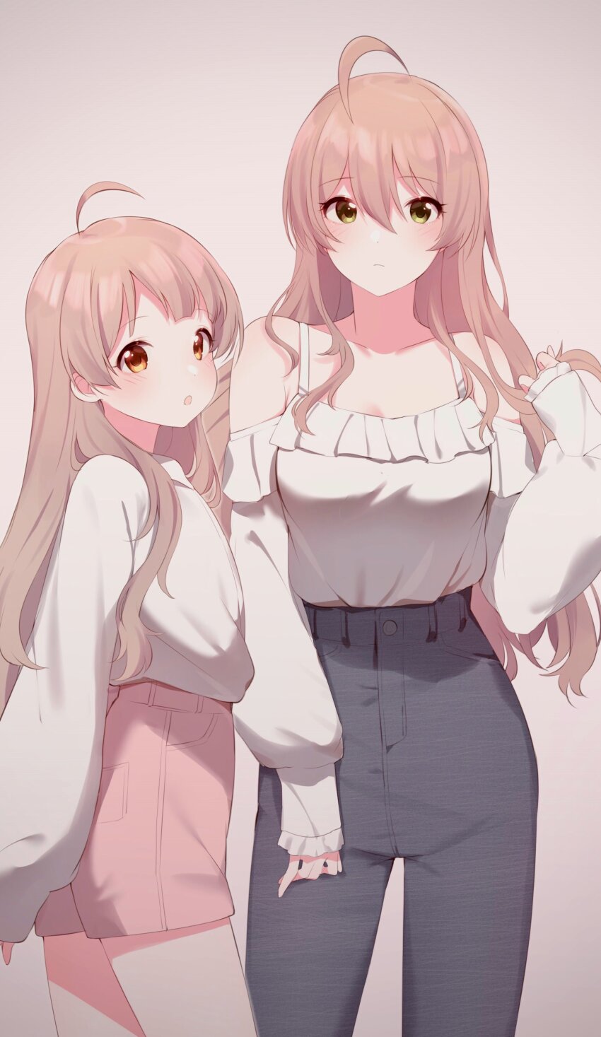 2girls, :o, absurdres, ahoge, blunt_bangs, brown_eyes, brown_hair, cowboy_shot