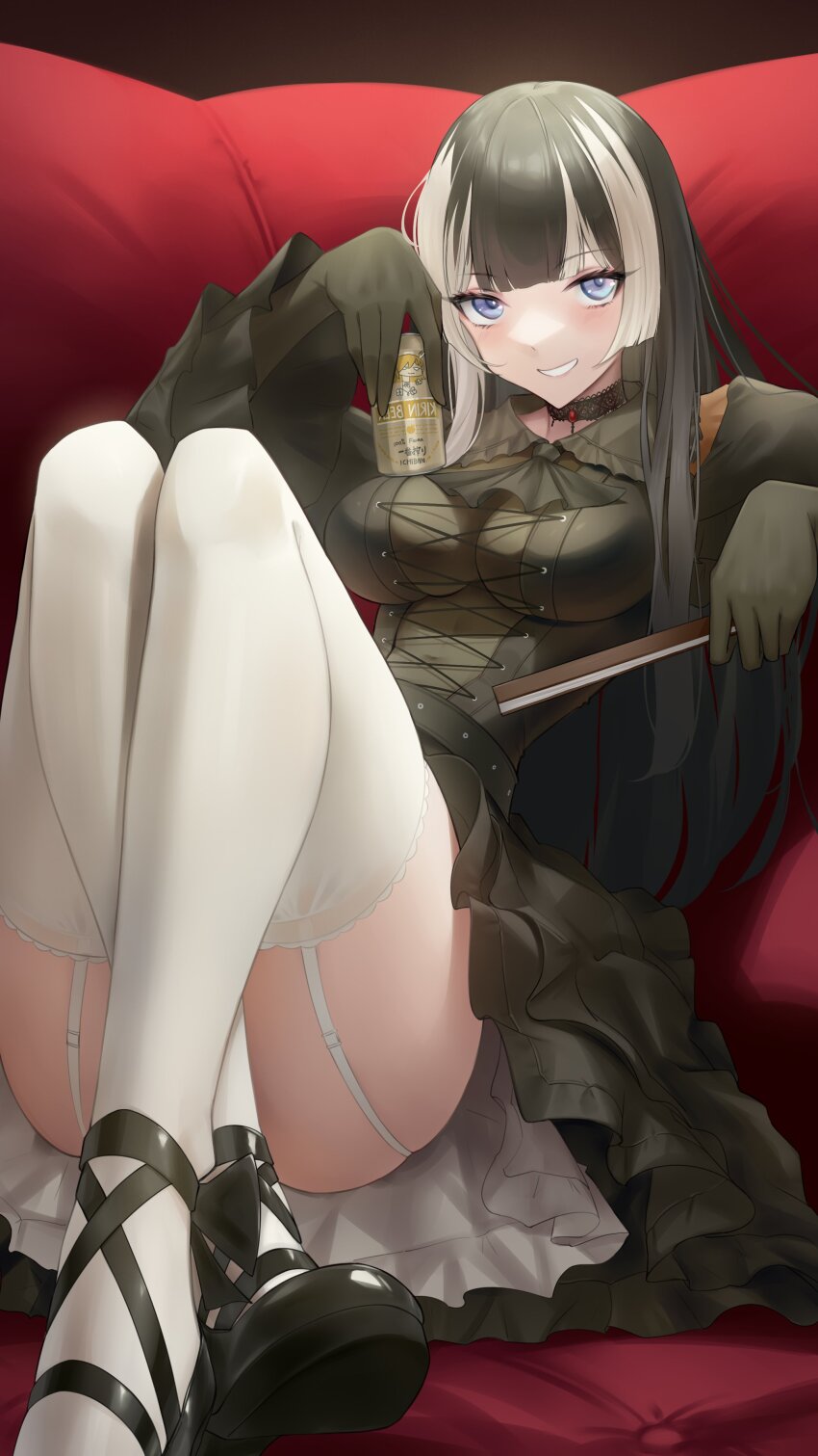 1girl, absurdres, alcohol, beer, beer_can, black_hair, blue_eyes, breasts, can, ceres_fauna, choker, couch, dress, drink_can, folding_fan, garter_straps, giraffe_fauna, gloves, gothic_lolita, grey_hair, grin, hand_fan, highres, hololive, hololive_dev_is, hololive_english, juufuutei_raden, juufuutei_raden_(1st_costume), large_breasts, lolita_fashion, long_hair, looking_at_viewer, mary_janes, multicolored_hair, shoes, sitting, smile, solo, somebody_(leiking00), streaked_hair, thighhighs, virtual_youtuber, white_thighhighs