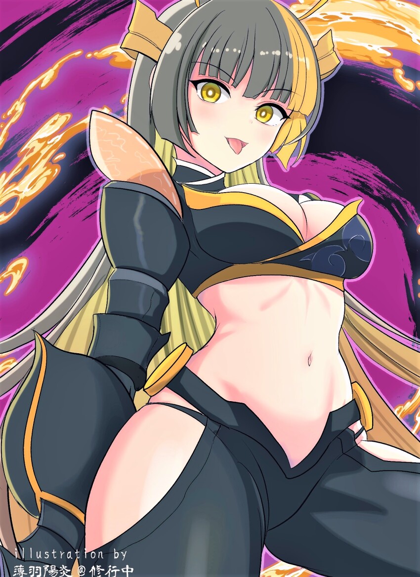 1girl, antennae, black_hair, black_panties, blonde_hair, breasts, cleavage, clothing_cutout, commentary_request, cowboy_shot, crop_top, duel_monster, gauntlets, highres, hime_cut, light_blush, long_hair, looking_at_viewer, medium_breasts, midriff, mitsu_the_insect_ninja, multicolored_hair, navel, panties, sidelocks, signature, smile, solo, standing, streaked_hair, thigh_cutout, thong, tongue, tongue_out, underwear, usuba_kagerou_(shougyouchu), very_long_hair, yellow_eyes, yu-gi-oh!
