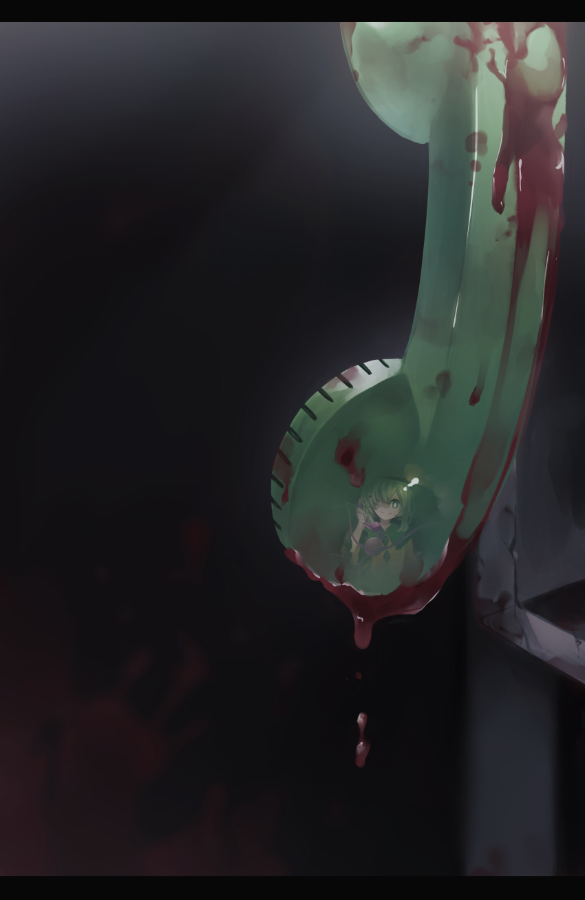 1girl, absurdres, black_hat, blood, blood_drip, blood_on_phone, corded_phone, frills