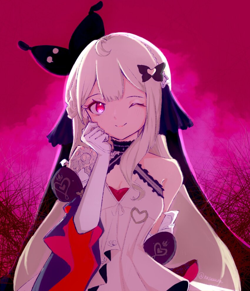 1girl, ;), bow, detached_sleeves, dress, gloves, grey_hair, hair_bow, highres, nasuuuna, nijisanji, nijisanji_en, official_alternate_costume, one_eye_closed, pink_eyes, reimu_endou, reimu_endou_(anniversary_dress), smile, solo, virtual_youtuber, white_dress, white_gloves